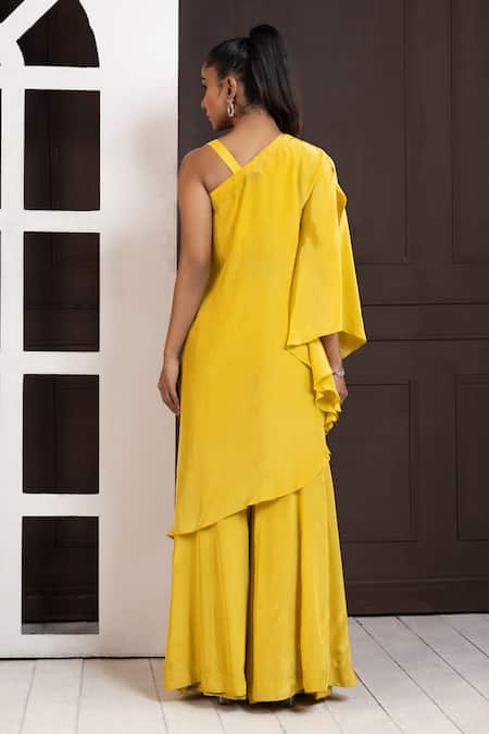 Shop Smriti By Anju Agarwal Yellow Crepe Embroidery Asymmetric One-shoulder Tunic And Palazzo Set at Aza Fashions Shop_Smriti By Anju Agarwal_Yellow Crepe Embroidery Asymmetric One-shoulder Tunic And Palazzo Set _at_Aza_Fashions