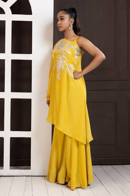 Buy Smriti By Anju Agarwal Yellow Crepe Embroidery Asymmetric One-shoulder Tunic And Palazzo Set Online at Aza Fashions Buy_Smriti By Anju Agarwal_Yellow Crepe Embroidery Asymmetric One-shoulder Tunic And Palazzo Set _Online_at_Aza_Fashions