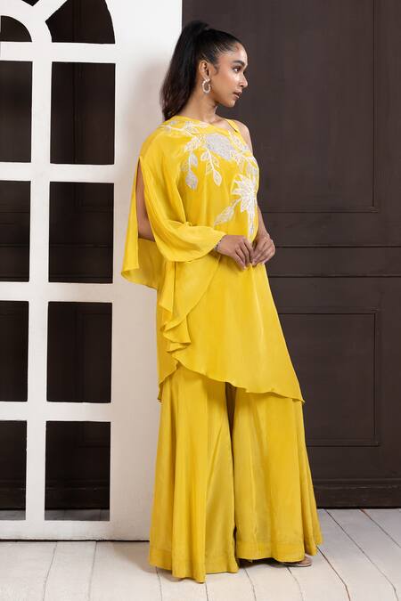 Shop Smriti By Anju Agarwal Yellow Crepe Embroidery Asymmetric One-shoulder Tunic And Palazzo Set Online at Aza Fashions Shop_Smriti By Anju Agarwal_Yellow Crepe Embroidery Asymmetric One-shoulder Tunic And Palazzo Set _Online_at_Aza_Fashions