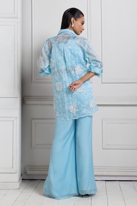 Shop Smriti By Anju Agarwal Blue Organza, Chiffon Pearls, Embroidery Collared, V-neck Jacket And Palazzo Set at Aza Fashions Shop_Smriti By Anju Agarwal_Blue Organza, Chiffon Pearls, Embroidery Collared, V-neck Jacket And Palazzo Set _at_Aza_Fashions