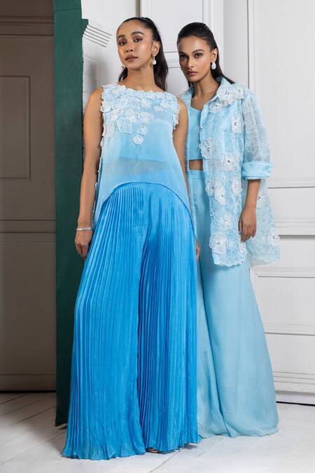 Smriti By Anju Agarwal Blue Organza, Chiffon Pearls, Embroidery Collared, V-neck Jacket And Palazzo Set Online at Aza Fashions Smriti By Anju Agarwal_Blue Organza, Chiffon Pearls, Embroidery Collared, V-neck Jacket And Palazzo Set _Online_at_Aza_Fashions