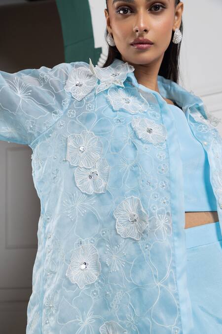 Shop Smriti By Anju Agarwal Blue Organza, Chiffon Pearls, Embroidery Collared, V-neck Jacket And Palazzo Set Online at Aza Fashions Shop_Smriti By Anju Agarwal_Blue Organza, Chiffon Pearls, Embroidery Collared, V-neck Jacket And Palazzo Set _Online_at_Aza_Fashions