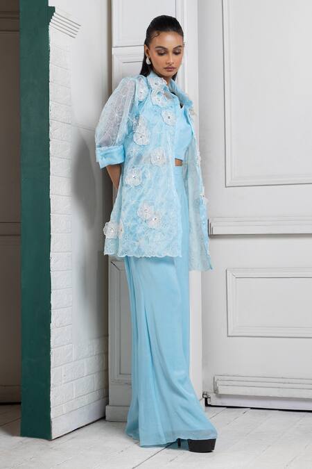 Smriti By Anju Agarwal Blue Organza, Chiffon Pearls, Embroidery Collared, V-neck Jacket And Palazzo Set at Aza Fashions Smriti By Anju Agarwal_Blue Organza, Chiffon Pearls, Embroidery Collared, V-neck Jacket And Palazzo Set _at_Aza_Fashions