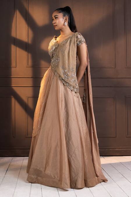 Smriti By Anju Agarwal_Brown Satin, Organza, Net Embroidery, Sequins, Beads V-neck Draped Lehenga Set _Online_at_Aza_Fashions