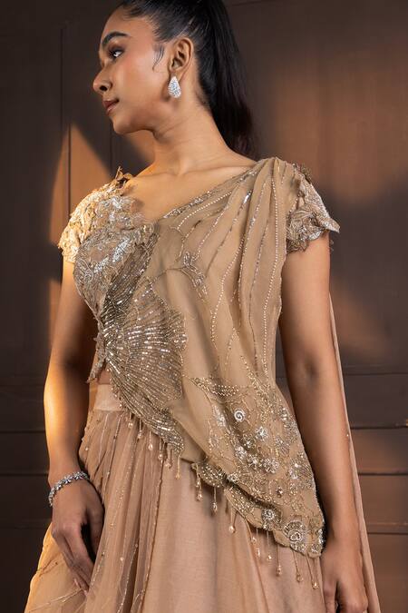 Buy_Smriti By Anju Agarwal_Brown Satin, Organza, Net Embroidery, Sequins, Beads V-neck Draped Lehenga Set _Online_at_Aza_Fashions
