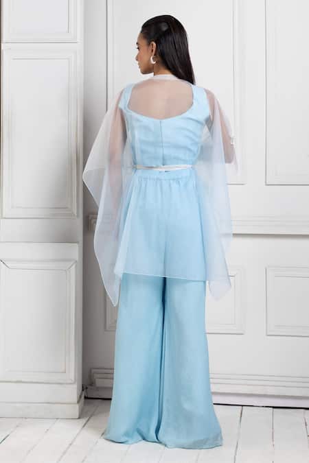 Shop Smriti By Anju Agarwal Blue Organza, Crepe Applique, Embroidery Open Neck, Floral Jacket Pant Set at Aza Fashions Shop_Smriti By Anju Agarwal_Blue Organza, Crepe Applique, Embroidery Open Neck, Floral Jacket Pant Set _at_Aza_Fashions