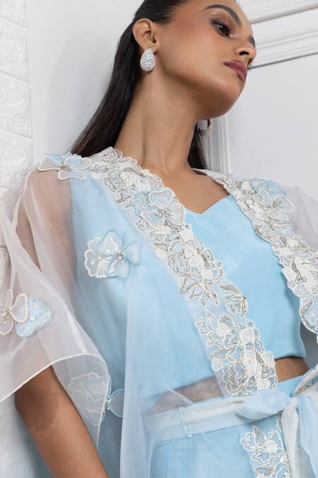 Smriti By Anju Agarwal Blue Organza, Crepe Applique, Embroidery Open Neck, Floral Jacket Pant Set Online at Aza Fashions Smriti By Anju Agarwal_Blue Organza, Crepe Applique, Embroidery Open Neck, Floral Jacket Pant Set _Online_at_Aza_Fashions