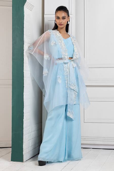Buy Smriti By Anju Agarwal Blue Organza, Crepe Applique, Embroidery Open Neck, Floral Jacket Pant Set Online at Aza Fashions Buy_Smriti By Anju Agarwal_Blue Organza, Crepe Applique, Embroidery Open Neck, Floral Jacket Pant Set _Online_at_Aza_Fashions