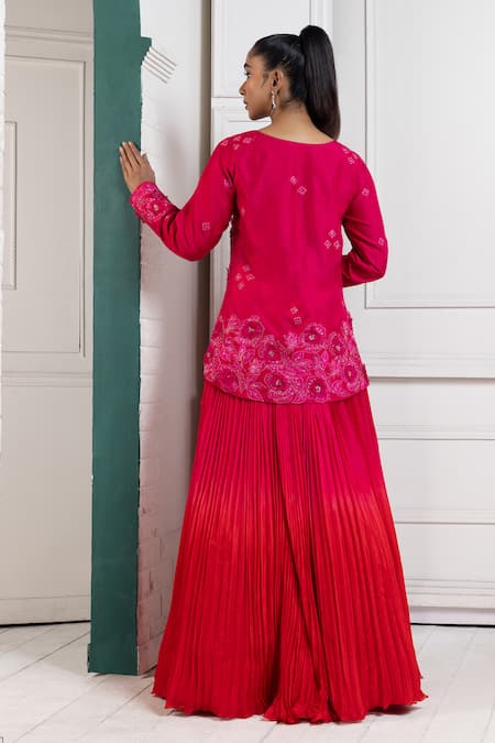Shop Smriti By Anju Agarwal Pink Silk, Chiffon Embroidery Asymmetric Floral Thread Jacket And Lehenga at Aza Fashions Shop_Smriti By Anju Agarwal_Pink Silk, Chiffon Embroidery Asymmetric Floral Thread Jacket And Lehenga _at_Aza_Fashions