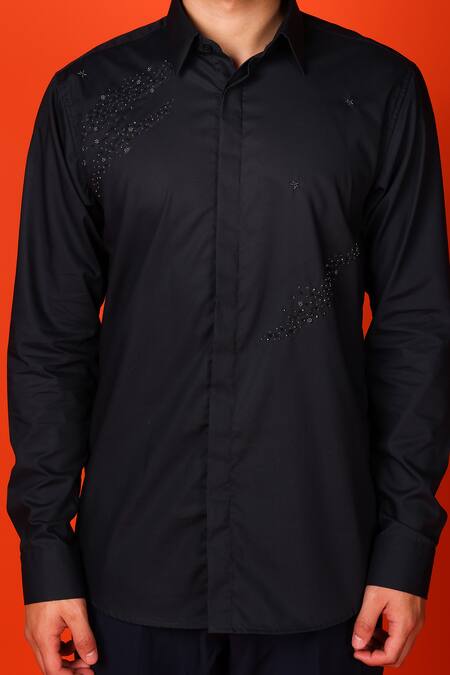 Noonoo_Blue Cotton Beads, Embroidery Navy Abstract Shirt _Online_at_Aza_Fashions