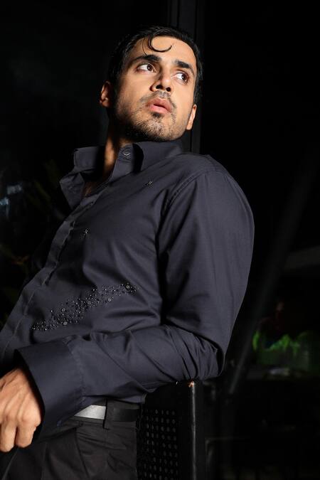 Shop_Noonoo_Blue Cotton Beads, Embroidery Navy Abstract Shirt _Online_at_Aza_Fashions