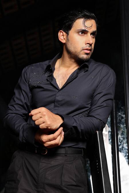 Noonoo_Blue Cotton Beads, Embroidery Navy Abstract Shirt _at_Aza_Fashions