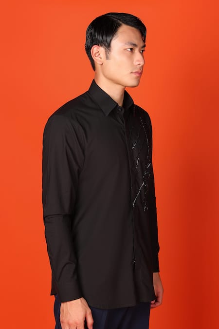 Noonoo_Black Cotton Cut Work Shooting Star Placement Embroidered Shirt _Online_at_Aza_Fashions