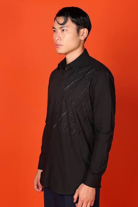 Buy_Noonoo_Black Cotton Cut Work Shooting Star Placement Embroidered Shirt _Online_at_Aza_Fashions