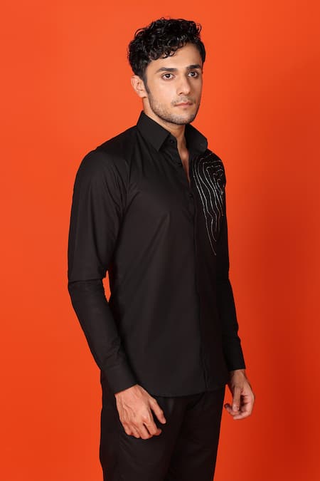 Noonoo_Black Gingham Beads Embroidered Shirt _Online_at_Aza_Fashions
