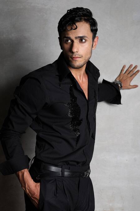 Buy_Noonoo_Black Cotton Cut Work Cutdana Embroidered Shirt _Online_at_Aza_Fashions