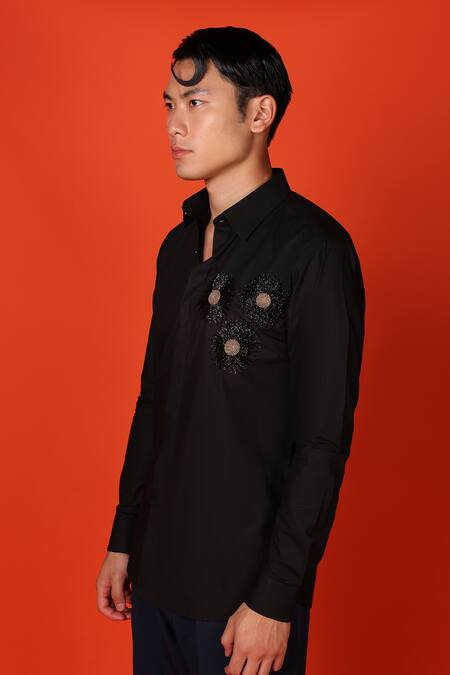 Noonoo_Black Cotton Cut Work Geometric Cutdana Embroidered Shirt _Online_at_Aza_Fashions