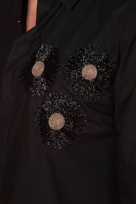 Buy_Noonoo_Black Cotton Cut Work Geometric Cutdana Embroidered Shirt _Online_at_Aza_Fashions