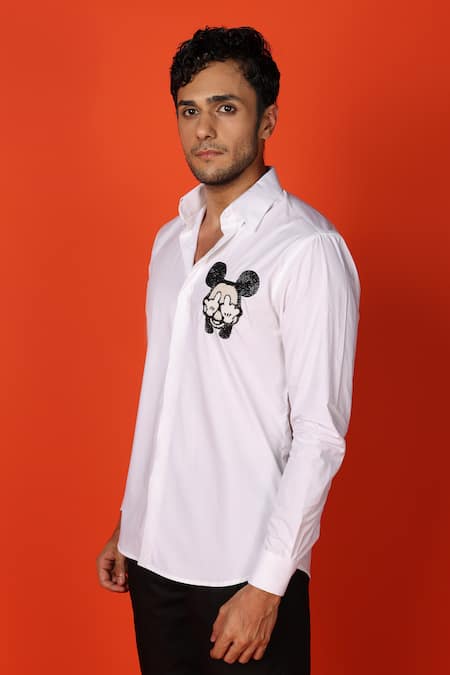 Noonoo_White Cotton Cut Work, Beads Mickey Mouse Embroidered Shirt _Online_at_Aza_Fashions
