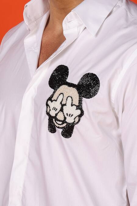 Buy_Noonoo_White Cotton Cut Work, Beads Mickey Mouse Embroidered Shirt _Online_at_Aza_Fashions