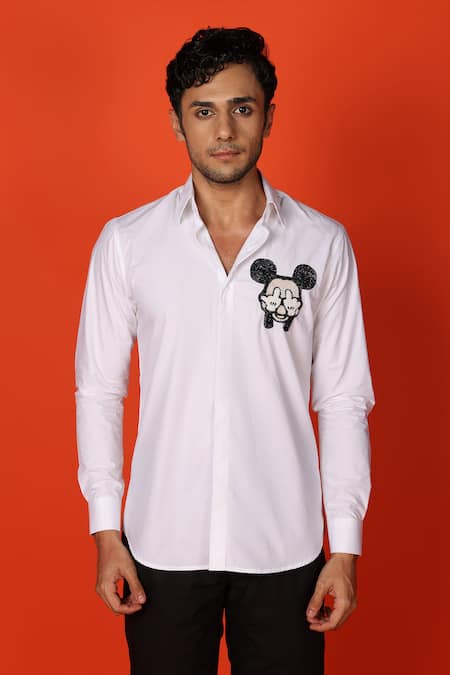 Shop_Noonoo_White Cotton Cut Work, Beads Mickey Mouse Embroidered Shirt _Online_at_Aza_Fashions