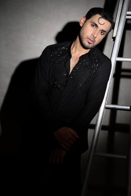 Noonoo_Black Cotton Cut Work Cutdana Embroidered Shirt _Online_at_Aza_Fashions