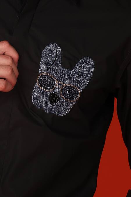 Buy_Noonoo_Black Cotton Beads, Cut Work Pug Placement Embroidered Shirt _Online_at_Aza_Fashions