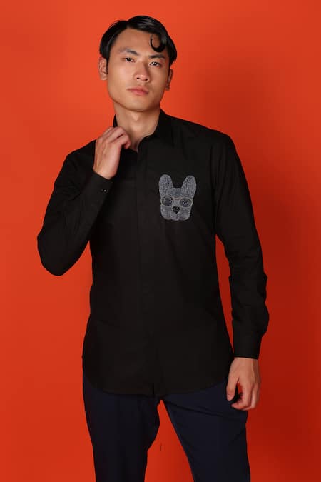 Shop_Noonoo_Black Cotton Beads, Cut Work Pug Placement Embroidered Shirt _Online_at_Aza_Fashions