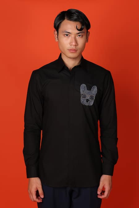 Noonoo Pug Placement Embroidered Black Shirt 