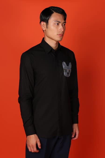 Noonoo_Black Cotton Beads, Cut Work Pug Placement Embroidered Shirt _at_Aza_Fashions