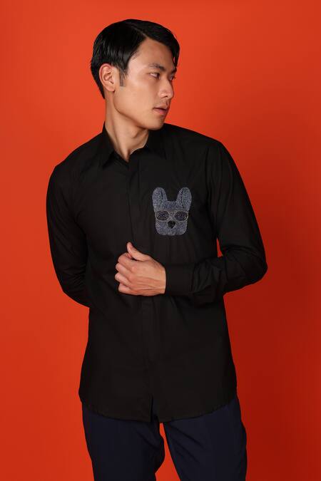 Buy_Noonoo_Black Cotton Beads, Cut Work Pug Placement Embroidered Shirt 