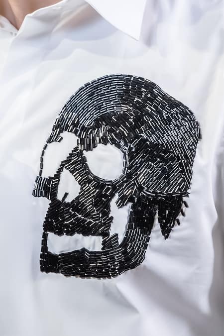 Noonoo White Cotton Cut Work Cutdana Embroidered Skull Shirt Online at Aza Fashions Noonoo_White Cotton Cut Work Cutdana Embroidered Skull Shirt _Online_at_Aza_Fashions