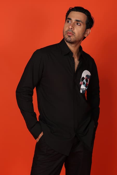 Buy_Noonoo_Black Cotton Cut Work Dead Cutdana Embroidered Shirt _Online_at_Aza_Fashions