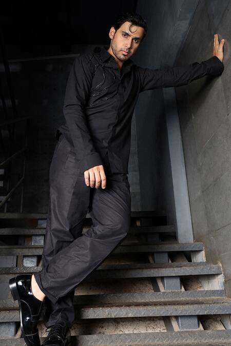 Noonoo Black Cotton Cut Work Cutdana Embroidered Shirt at Aza Fashions Noonoo_Black Cotton Cut Work Cutdana Embroidered Shirt _at_Aza_Fashions