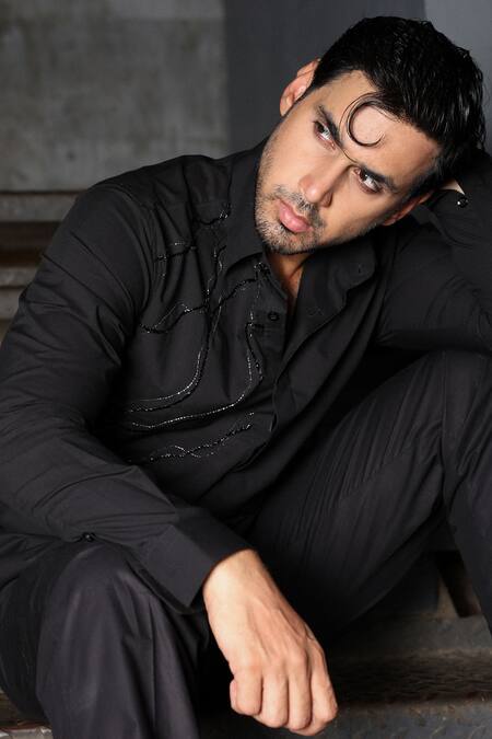 Buy Noonoo Black Cotton Cut Work Cutdana Embroidered Shirt Buy_Noonoo_Black Cotton Cut Work Cutdana Embroidered Shirt