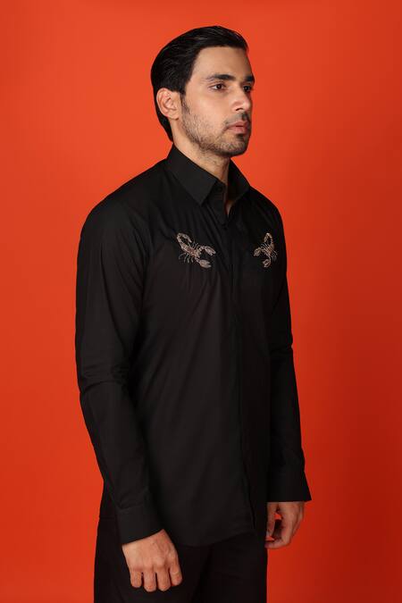 Noonoo_Black Cotton Zari Zardozi Scorpion Embroidered Shirt _Online_at_Aza_Fashions