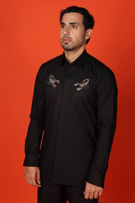 Buy_Noonoo_Black Cotton Zari Zardozi Scorpion Embroidered Shirt _Online_at_Aza_Fashions