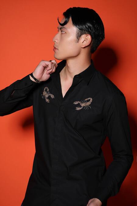 Noonoo_Black Cotton Zari Zardozi Scorpion Embroidered Shirt _at_Aza_Fashions