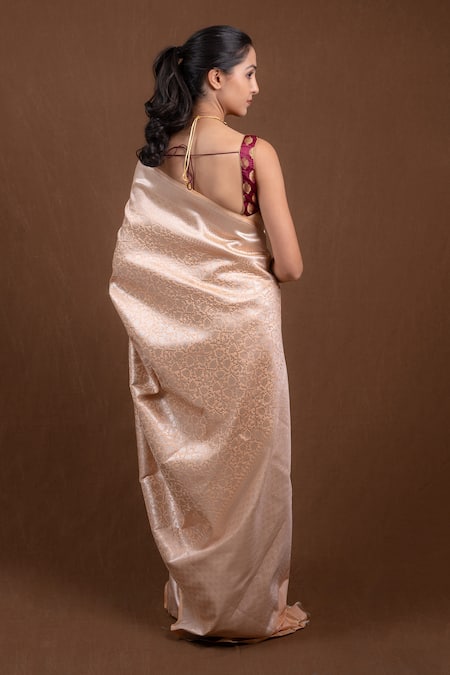 Shop_Devissha_Peach Brocade, Silk Zari Floral Woven Saree _at_Aza_Fashions