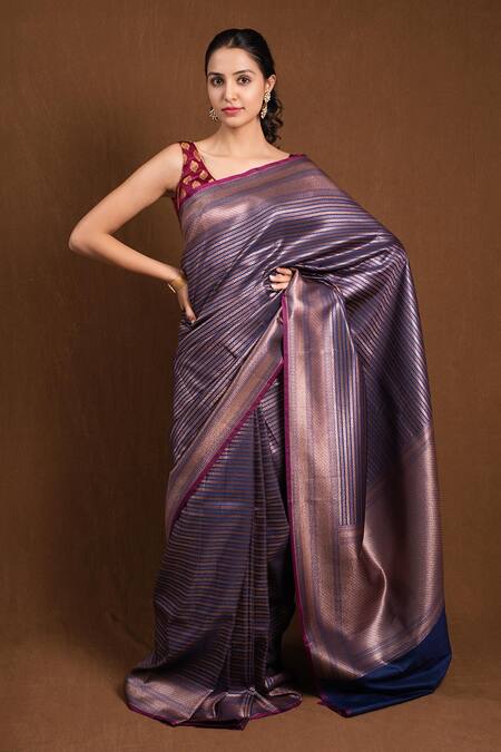 Devissha Blue Brocade Zari Woven Stripe Banarasi Silk Saree Online at Aza Fashions Devissha_Blue Brocade Zari Woven Stripe Banarasi Silk Saree_Online_at_Aza_Fashions