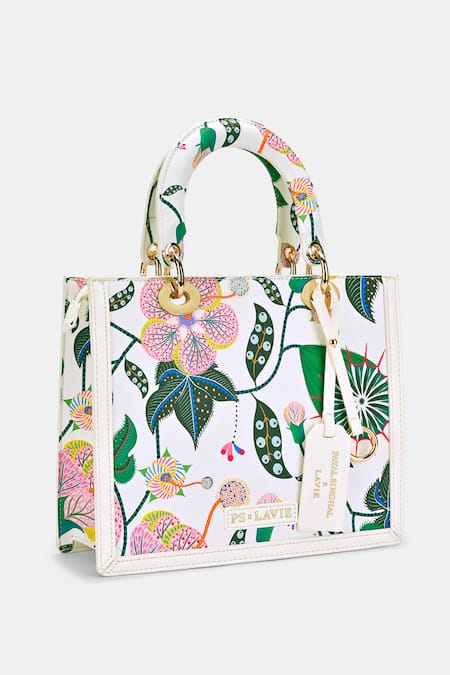 Shop Payal Singhal Accessories White Botanical Print Box Satchel Bag at Aza Fashions Shop_Payal Singhal Accessories_White Botanical Print Box Satchel Bag_at_Aza_Fashions