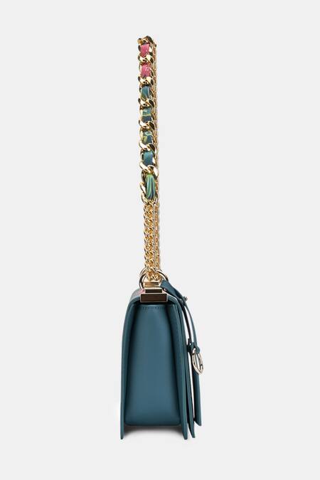 Payal Singhal Accessories Blue Embroidery, Chains Teal Anarmor Print Sling Bag Online at Aza Fashions Payal Singhal Accessories_Blue Embroidery, Chains Teal Anarmor Print Sling Bag_Online_at_Aza_Fashions