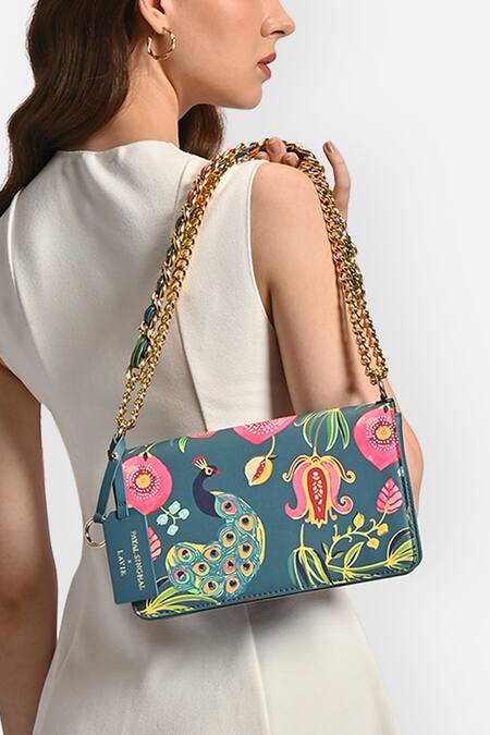Payal Singhal Accessories Blue Embroidery, Chains Teal Anarmor Print Sling Bag at Aza Fashions Payal Singhal Accessories_Blue Embroidery, Chains Teal Anarmor Print Sling Bag_at_Aza_Fashions