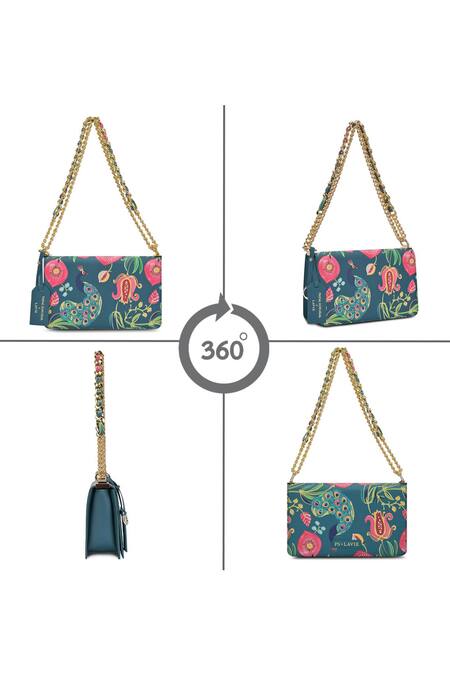 Shop Payal Singhal Accessories Blue Embroidery, Chains Teal Anarmor Print Sling Bag Shop_Payal Singhal Accessories_Blue Embroidery, Chains Teal Anarmor Print Sling Bag