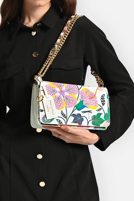 Payal Singhal Accessories White Floral Print Faux Leather Sling Bag Online at Aza Fashions Payal Singhal Accessories_White Floral Print Faux Leather Sling Bag_Online_at_Aza_Fashions