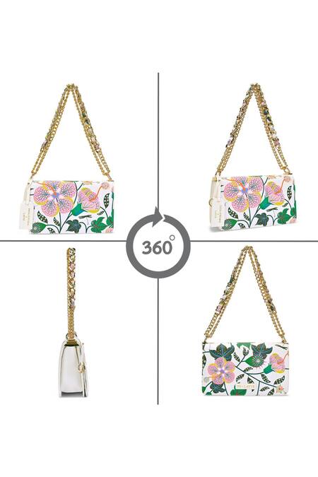 Shop Payal Singhal Accessories White Floral Print Faux Leather Sling Bag Shop_Payal Singhal Accessories_White Floral Print Faux Leather Sling Bag