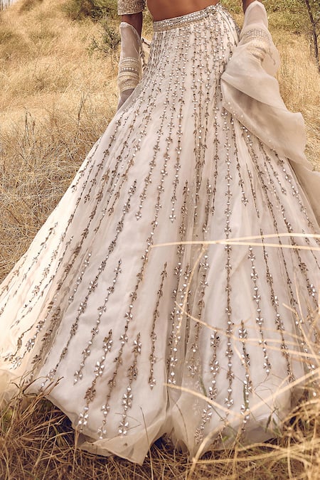 Buy_Labelmayaa_Ivory Silk, Organza Mirrors, Embroidery V-neck Bloom Vine Lehenga Set _Online_at_Aza_Fashions