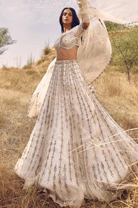 Shop_Labelmayaa_Ivory Silk, Organza Mirrors, Embroidery V-neck Bloom Vine Lehenga Set _Online_at_Aza_Fashions