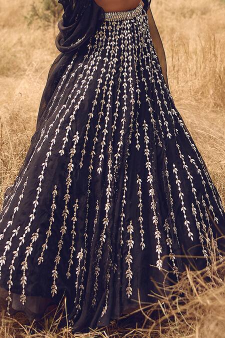 Labelmayaa_Black Silk, Organza Mirrors, Embroidery V-neck Blossom Vine Lehenga Set _Online_at_Aza_Fashions
