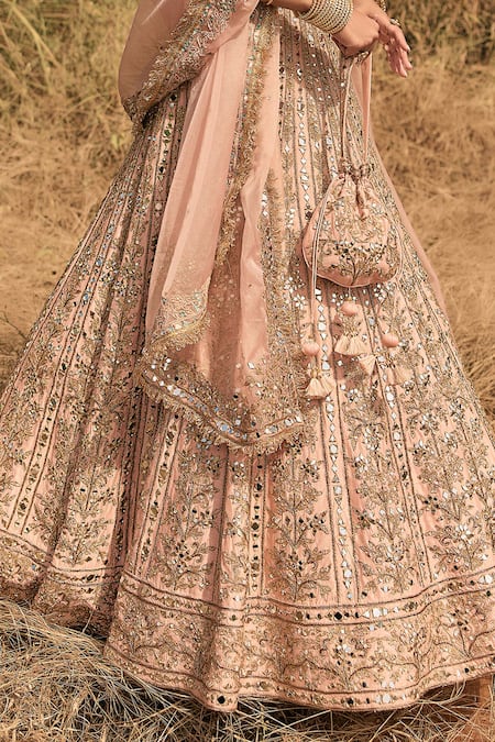 Buy_Labelmayaa_Pink Silk, Organza Mirrors, Zari, Embroidery Round Blush And Zardozi Lehenga Set _Online_at_Aza_Fashions